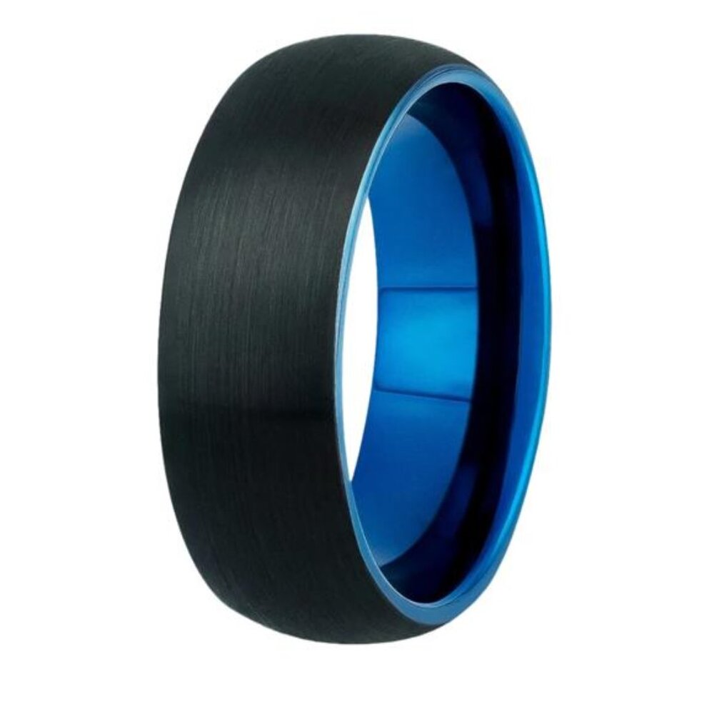 Men's Wedding Band Rings - Dome Brushed Blue Black - Wedding Rings